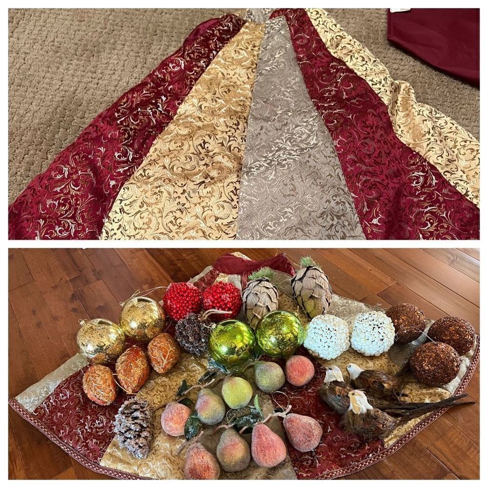Rodeo Home gold and red tree skirt and lot of 30 boutique ornaments